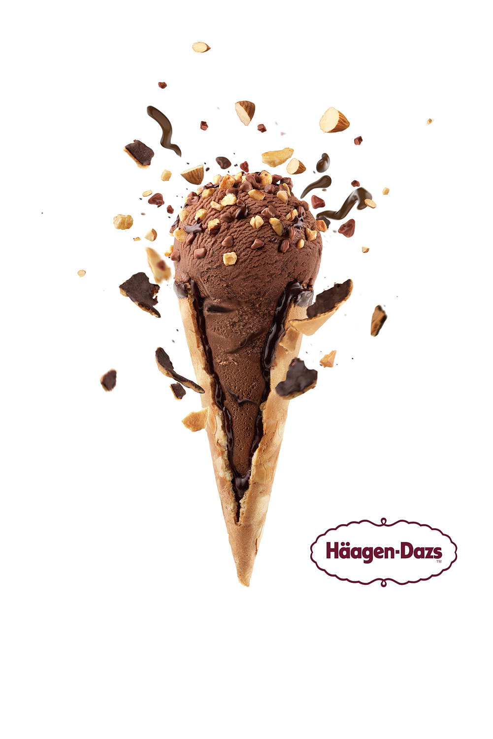 Häagen-Dazs chocolate cone campaign with bursting ingredients effects.