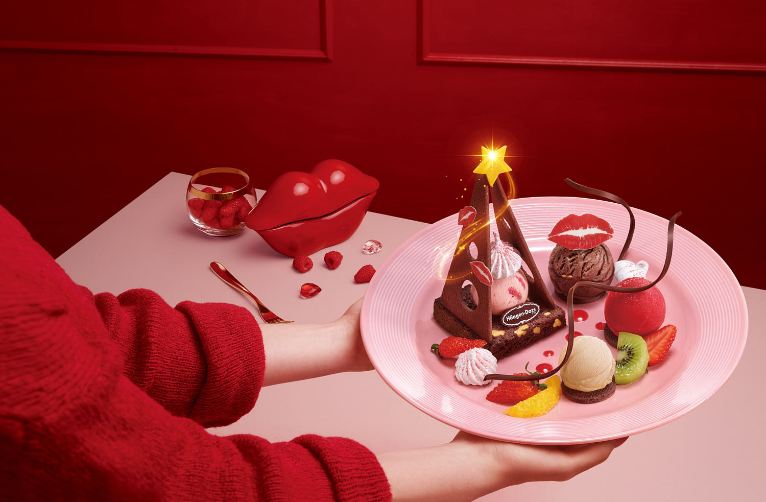 Gourmet Häagen-Dazs ice cream served in an elegant plate with chocolate decor.