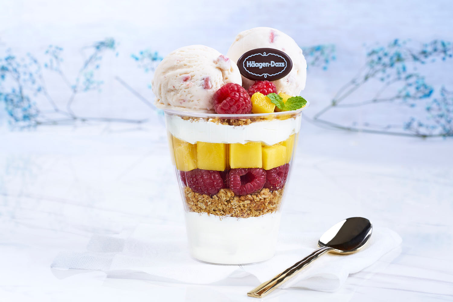 Häagen-Dazs strawberry ice cream scoops in a cup, topped with fresh mango, raspberries, and mint leaves.