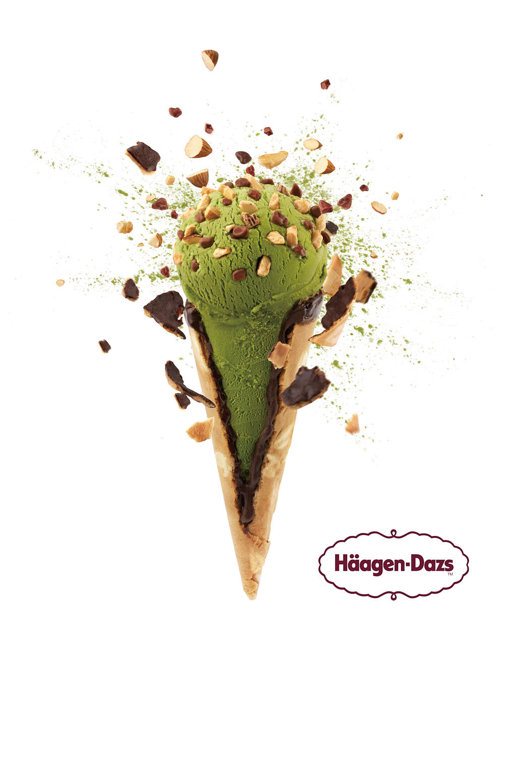 Häagen-Dazs macha cone campaign with bursting ingredients effects.