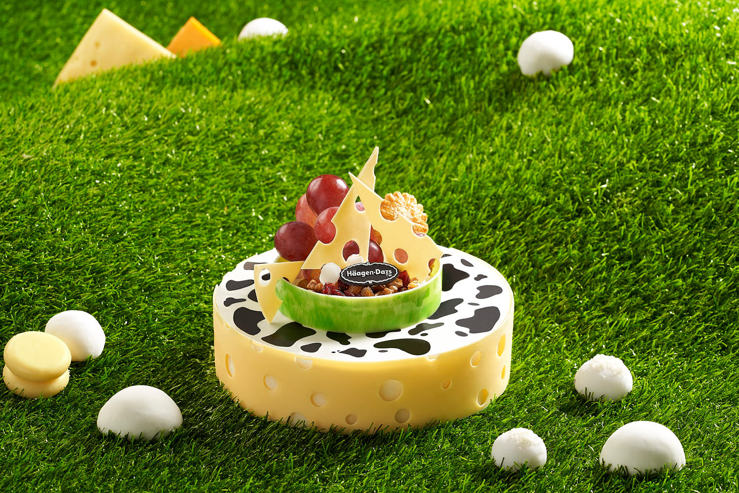 Green Hills-inspired ice cream mochi cake with soft mochi bits, topped fruits and nuts.