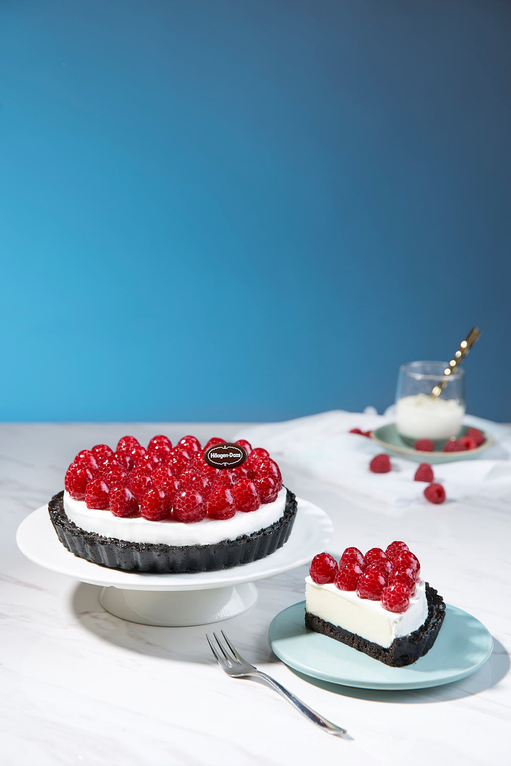 Raspberry ice cream cake with layers of creamy raspberry ice cream, topped with fresh raspberries and chocolate crusted base.
