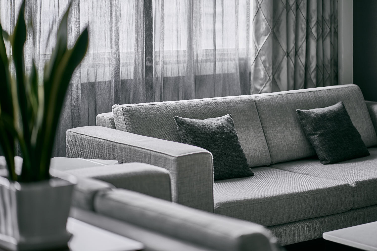 Close-up of a sofa in a hotel family suite.