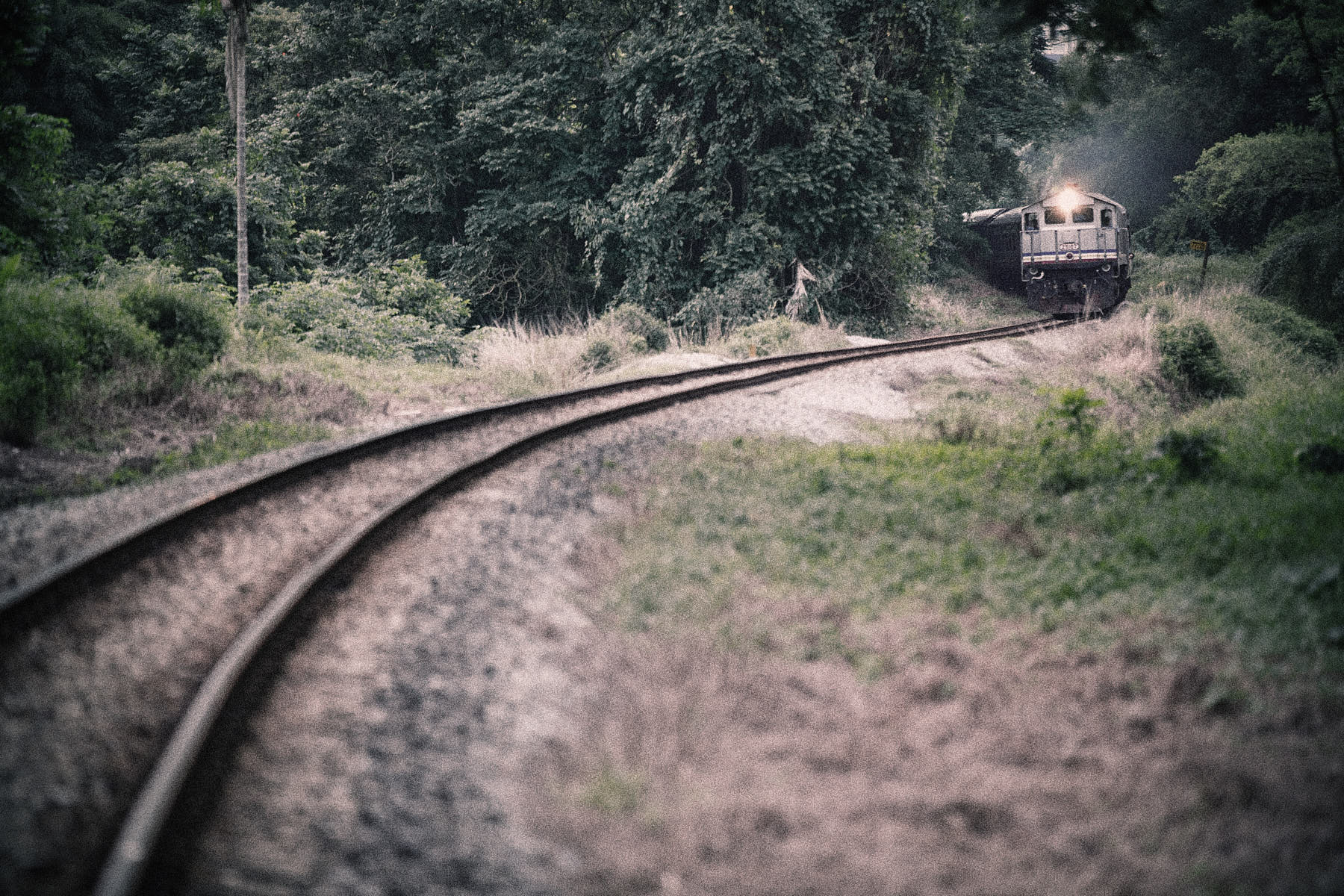 KTM train approaching from a distance on a long winding track surrounded by greenery at Commonwealth, Singapore.