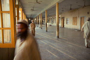 A school hall converted into sleeping quarters at night in Malakand, Pakistan, August 2010.
