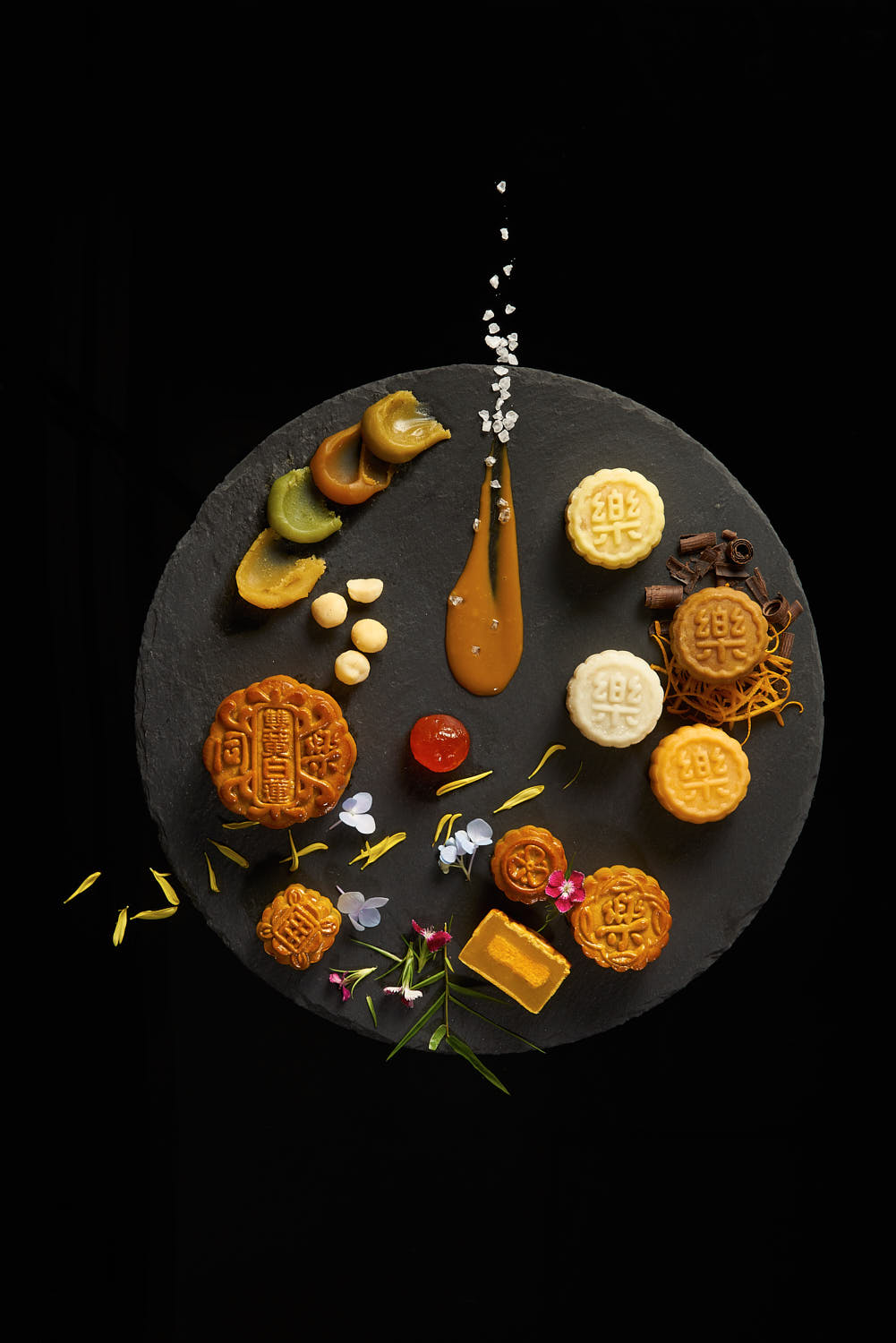 Detailed food art photo showcasing the craftsmanship of a traditional mooncake.