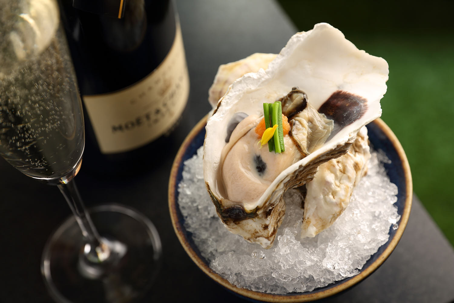 Fresh oysters served on ice paired with a glass of white wine.