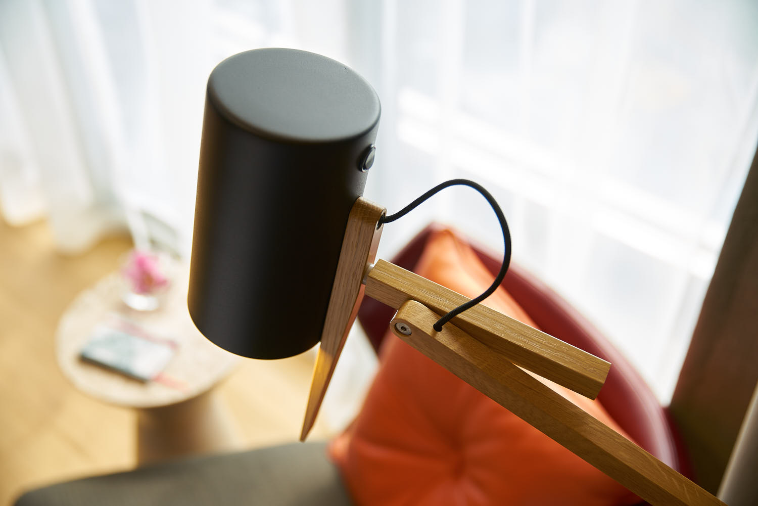 Close-up top view of a contemporary standing lamp.