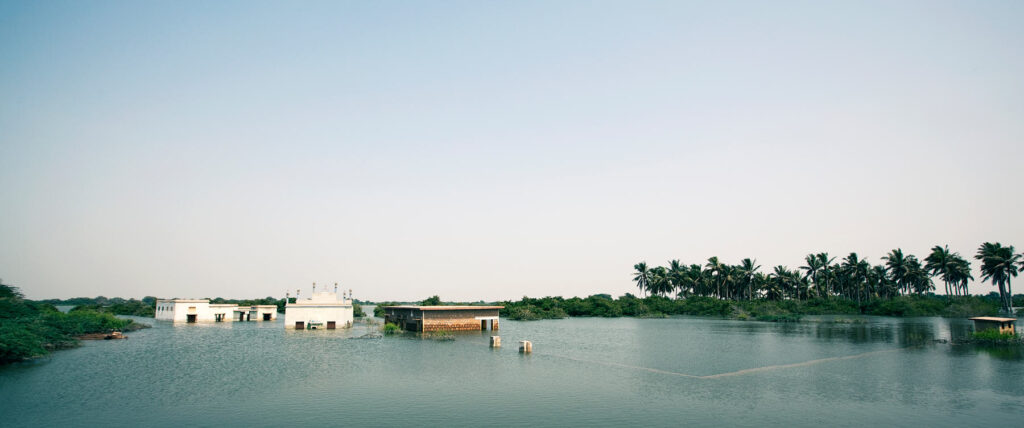 Village submerged by monsoon flooding in Sujawal, Pakistan, August 2010. Severe rainfall affected Khyber Pakhtunkhwa, Sindh, Punjab, and Balochistan, inundating nearly one-fifth of the country’s land area.